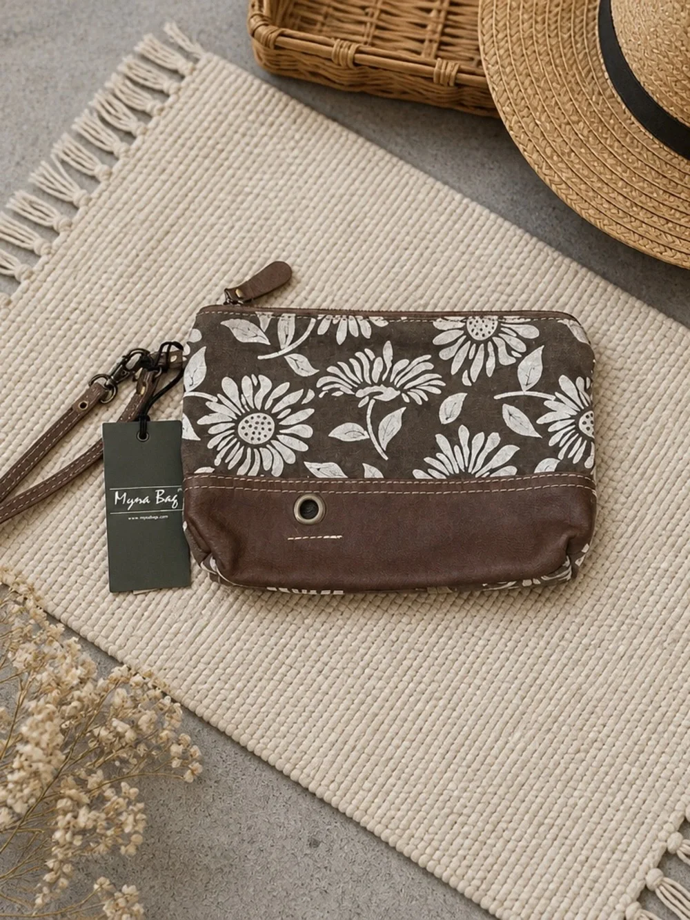 Myra Bag Brown & White Floral Canvas Wristlet